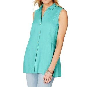 J. Jill Love Linen 100% Linen Teal Lagenlook Button Down Shirt size XS